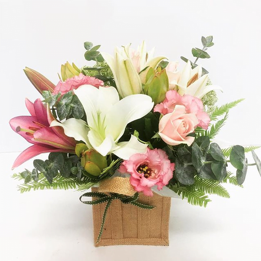 fresh flowers in a Hessian Bag for delivery  on the Sunshine Coast 