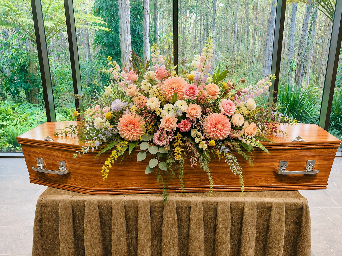 Soft pastel garden casket spray 